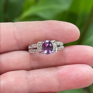 NWT Genuine Natural Amethyst w/ White Topaz Ring Gemstone Silver Ring Size 7